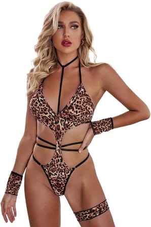 Kadın Leopar Desenli Bodysuit Çapraz İp Detaylı Bacak Bantlı Fantazi İç Giyim Body 2015