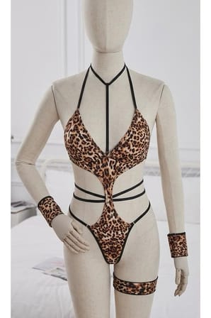 Kadın Leopar Desenli Bodysuit Çapraz İp Detaylı Bacak Bantlı Fantazi İç Giyim Body 2015