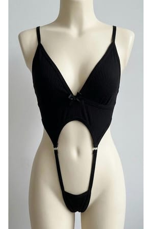 Kadın Siyah Dekolteli Bodysuit İnce Askılı Fantazi İç Giyim Body 2021