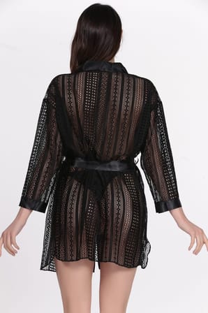 Kadın Siyah Dantel Desenli Kuşaklı Transparan Sabahlık Hafif Dokulu Kısa Kimono2038