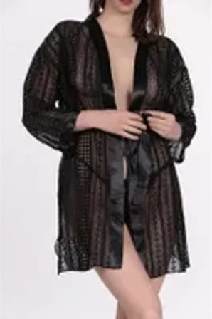 Kadın Siyah Dantel Desenli Kuşaklı Transparan Sabahlık Hafif Dokulu Kısa Kimono2038