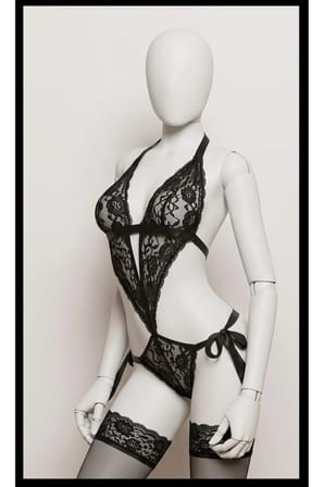 Siyah Dantel Detaylı Bağlamalı Bodysuit Jartiyer Görünümlü Kadın İç Giyim 2108