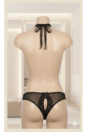 Siyah Dantel Detaylı Derin V Yaka Sırtı Açık Kadın Body 2120