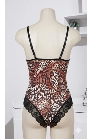 Leopar Desenli Siyah Dantel Detaylı Kadın Body Tek Parça Şık İç Giyim Tasarımı 2148