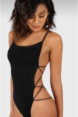 Siyah Yan İp Detaylı Dekolteli Bodysuit Kadın İç Giyim Esnek Tek Parça Body 2104
