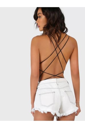 Siyah Yan İp Detaylı Dekolteli Bodysuit Kadın İç Giyim Esnek Tek Parça Body 2104