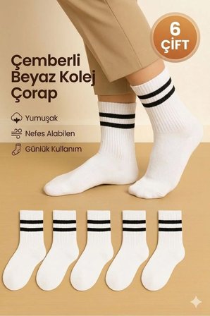 Unisex Beyaz Siyah Çizgili Kolej Stil Spor Çorap – 6’li Paket YÜKSEK PAMUK ORANLI