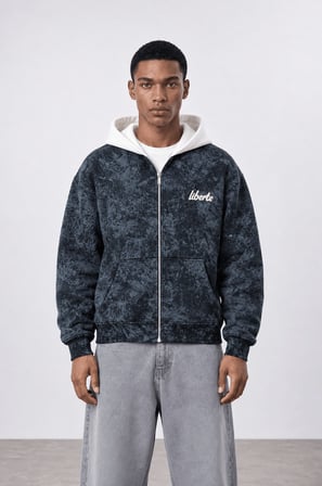 Erkek Liberte Yazı Detaylı Yıkamalı Oversize Zip Siyah