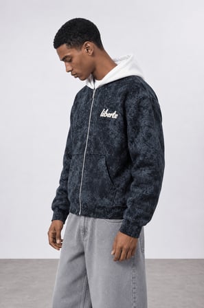 Erkek Liberte Yazı Detaylı Yıkamalı Oversize Zip Siyah
