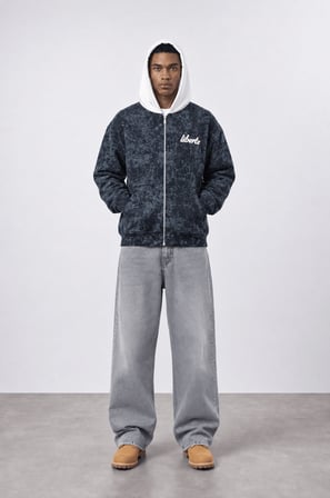 Erkek Liberte Yazı Detaylı Yıkamalı Oversize Zip Siyah
