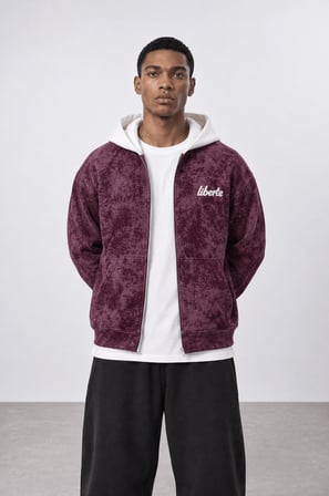 Erkek Liberte Yazı Detaylı Yıkamalı Oversize Zip Bordo