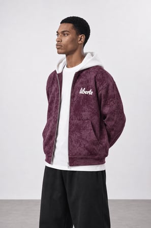 Erkek Liberte Yazı Detaylı Yıkamalı Oversize Zip Bordo