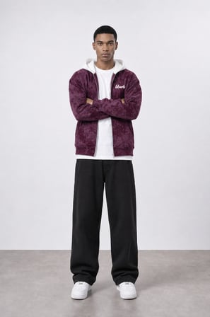 Erkek Liberte Yazı Detaylı Yıkamalı Oversize Zip Bordo