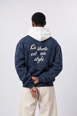 Erkek Liberte Yazı Detaylı Yıkamalı Oversize Zip Lacivert