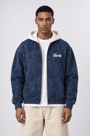 Erkek Liberte Yazı Detaylı Yıkamalı Oversize Zip Lacivert