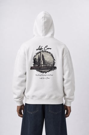 Erkek Lake Como Patch Detaylı Oversize Hoodie Ekru
