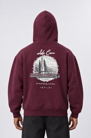 Erkek Lake Como Patch Detaylı Oversize Hoodie Bordo