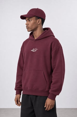 Erkek Lake Como Patch Detaylı Oversize Hoodie Bordo