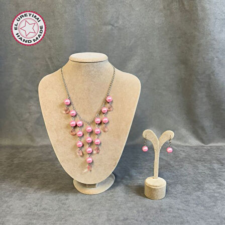 Uretti - Tuğba 9352 0371 El Yapımı Pembe İnci Boncuklu Takı Seti