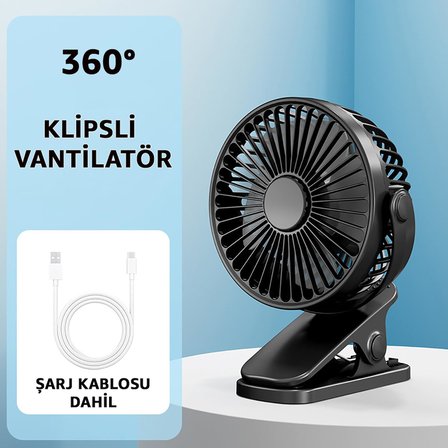 Şarjlı USB Mini Klipsli Vantilatör Fan - 3 Kademeli - 360° Hareketli - Bebek Arabası, Ofis, Masaüstü, Kamp Kullanımı İçin Uygun - Sessiz ve Taşınabilir - Asorti Renk