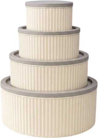 4 Lü Yuvarlak Saklama Kabı Seti Çizgili Desenli BPA İçermez 3 LT 1.8 LT 1 LT 0,55 LT Buzdolabı Düzenleyici Mikrodalga ve Derin Dondurucu Uyumlu BPA İçermez Sağlıklı Erzak Kabı (KREM YUVARLAK 4 LÜ SET)