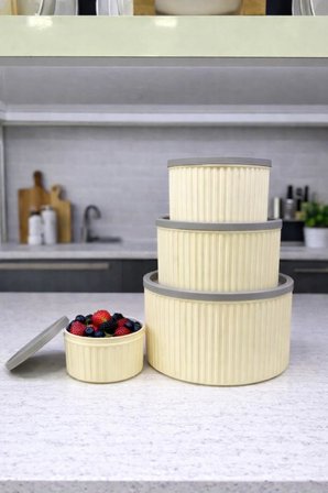 4 Lü Yuvarlak Saklama Kabı Seti Çizgili Desenli BPA İçermez 3 LT 1.8 LT 1 LT 0,55 LT Buzdolabı Düzenleyici Mikrodalga ve Derin Dondurucu Uyumlu BPA İçermez Sağlıklı Erzak Kabı (KREM YUVARLAK 4 LÜ SET)