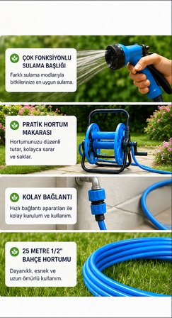 Hortum Makaralı Sulama Seti - 25 M 1/2" Hortum ve Çok Fonksiyonlu Başlık