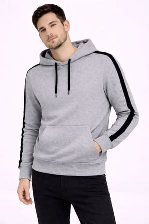 Modi Green Erkek Şeritli Kapüşonlu Sweatshirt Oversize 3 Iplik Pamuklu - Gri