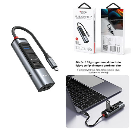 Yesido HB22 Çevirici Adaptör 5 Port 4K Type-C Hdmi Usb 3.0 Usb 2.0