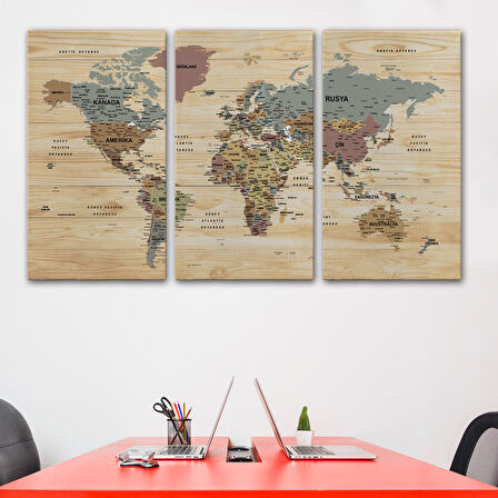 Harita Sepeti Ahşap Görünümlü Türkçe Dünya Haritası Son Derece Ayrıntılı Eğitici Kanvas Tablo 2991