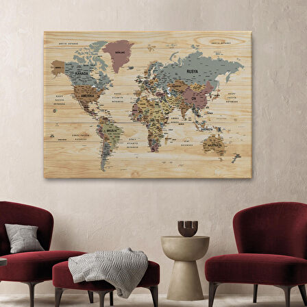 Harita Sepeti Ahşap Görünümlü Türkçe Dünya Haritası Son Derece Ayrıntılı Eğitici Kanvas Tablo 2991