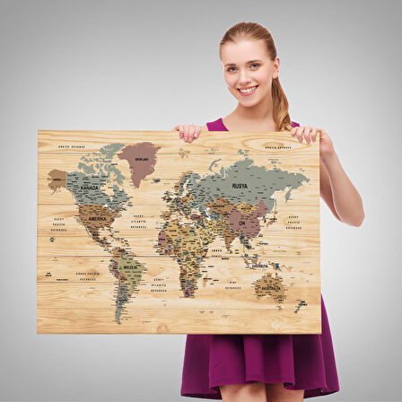 Harita Sepeti Ahşap Görünümlü Türkçe Dünya Haritası Son Derece Ayrıntılı Eğitici Kanvas Tablo 2991