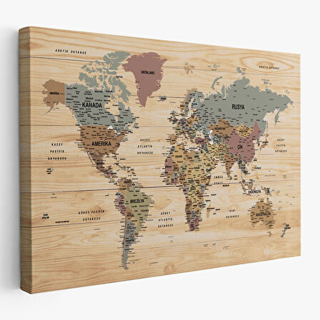 Harita Sepeti Ahşap Görünümlü Türkçe Dünya Haritası Son Derece Ayrıntılı Eğitici Kanvas Tablo 2991