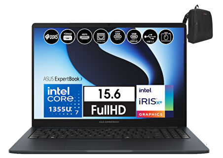 Asus Expertbook B1 B1503CVA Intel Core I7-1355U 40GB Ddr5 256GB SSD WINDOWS11PRO 15.6 Fhd Intel Irıs Xe Graphic Taşınabilir Bilgisayar WI716G512B1DW21+ZETTAÇANTA
