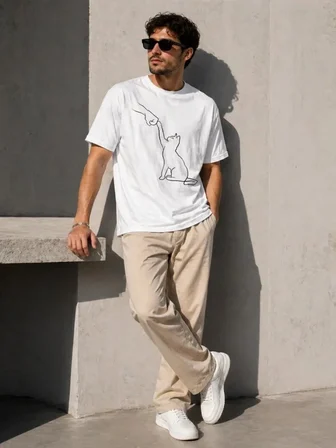 Modi Green Erkek Minimal Kedi Çizim Baskılı Tişört Kısa Kol Yazlık T-Shirt - Beyaz