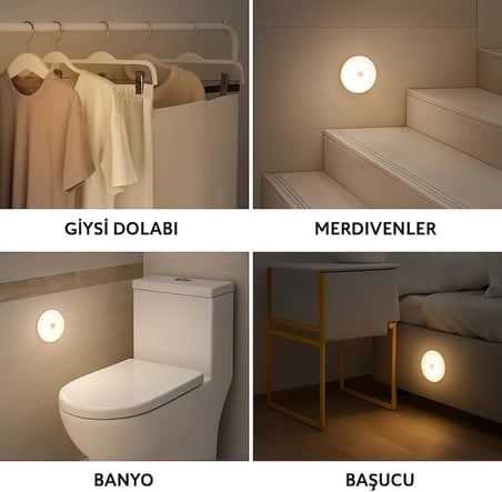 6'lı Set Hareket Sensörlü Gece Lambası – USB Şarjlı 4000K Gün Işığı LED – Duvar, Dolap, Merdiven, Başucu için Akıllı Işık