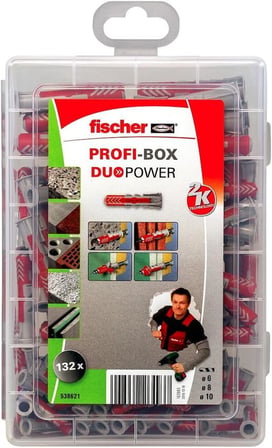 fischer PROFI-BOX DUOPOWER, 132 dübelli dübel kutusu (60 adet 6 x 30, 60 adet 8 x 40, 12 adet 10 x 50), evrensel dübel, pratik set, amatör ve profesyoneller için dübel kutusu, vidasız