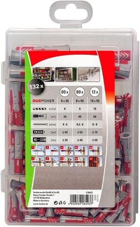 fischer PROFI-BOX DUOPOWER, 132 dübelli dübel kutusu (60 adet 6 x 30, 60 adet 8 x 40, 12 adet 10 x 50), evrensel dübel, pratik set, amatör ve profesyoneller için dübel kutusu, vidasız