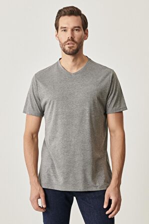 Erkek Gri Slim Fit Dar Kesim V Yaka 2'li Tişört Paketi