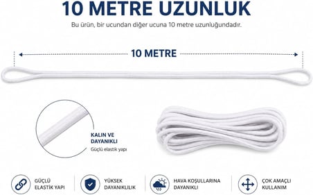 10 Metre Beyaz Yuvarlak Bel Lastiği – Güçlü Esnek Lastik İpi, Çok Amaçlı Kullanım İçin Dayanıklı Elastik Kordon