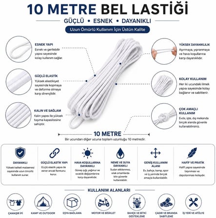10 Metre Beyaz Yuvarlak Bel Lastiği – Güçlü Esnek Lastik İpi, Çok Amaçlı Kullanım İçin Dayanıklı Elastik Kordon