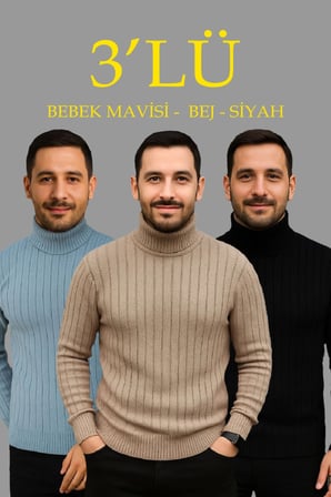 Modi Green Erkek Fitilli Triko Kazak 3lÜ Set Bebek Mavisi Bej Siyah Regular Balıkcı Yaka Tam Boğazlı Triko Seti Modeli Kazak