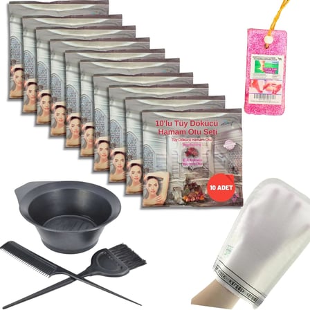 10 Paket Hamam Otu Toz Tüy Dökücü + Boya Kabı + Tarak + Fırça + Hamam Kesesi + Topuk Taşı Banyo Seti