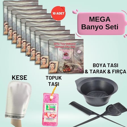 10 Paket Hamam Otu Toz Tüy Dökücü + Boya Kabı + Tarak + Fırça + Hamam Kesesi + Topuk Taşı Banyo Seti