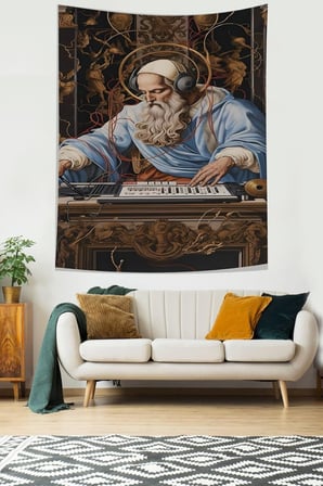 Müzik Temalı Dj Desen Leke Tutmaz Kumaş Duvar Örtüsü Duvar Halısı Tapestry PNTR540, 140 x 140