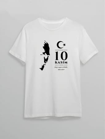 Modi Green 10 Kasım Atatürk Anma Günü Silüet Baskılı Oversize Bisiklet Yaka T-shirt - Beyaz