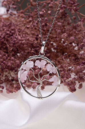 Pembe Kuvars Hayat Ağacı Doğaltaşlı Kolye Ucu - KL0198