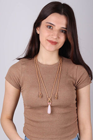 Pembe Kuvars Taşı Örme Kolye - 200004