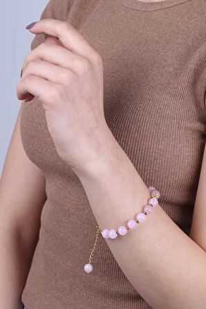 Doğal Pembe Kuvars Taşlı Kadın Bileklik - 300180