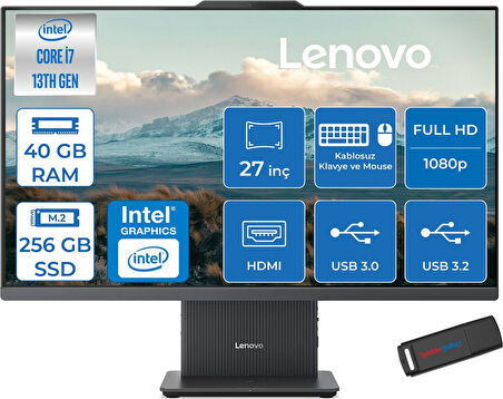 Lenovo Ideacentre Aıo 27IRH9 Intel Core I7-13620H 40GB Ddr5 256GB SSD 27'' Fhd 300NITS IPS Freedos Allınone Bilgisayar LF0HM00EUTRF16+ZETTAUSBBELLEK